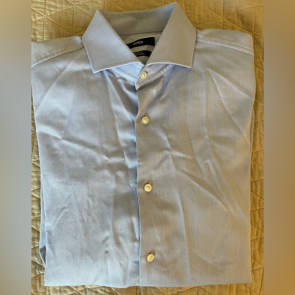 HUGO BOSS Slim Fit Jacquard Cotton H-HANK spread 214 Shirt‎ in Blue Size 15 $198